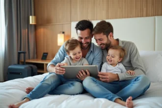 Famille souriante avec tablette dans un hôtel en vacances