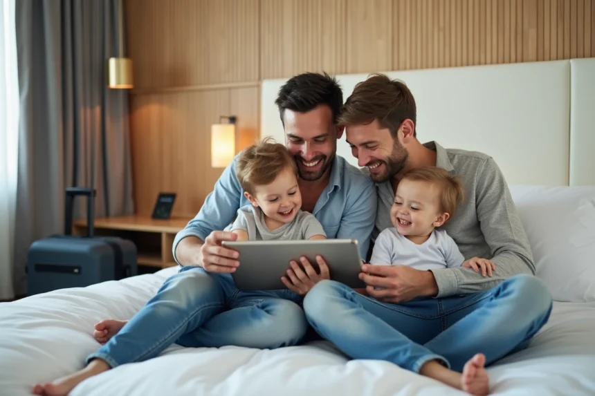 Famille souriante avec tablette dans un hôtel en vacances