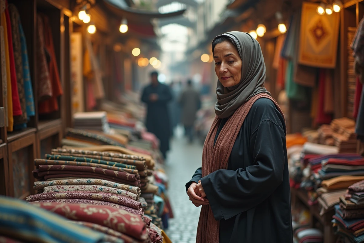 Femme en abaya examinant des tissus dans un marché traditionnel
