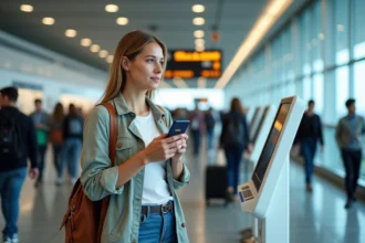 Femme au check-in à l'aéroport avec passeport et téléphone