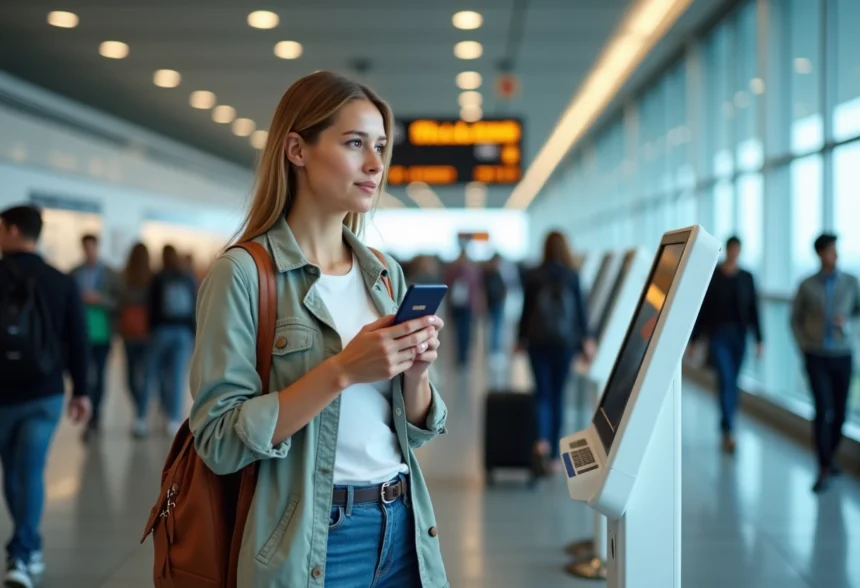Femme au check-in à l'aéroport avec passeport et téléphone