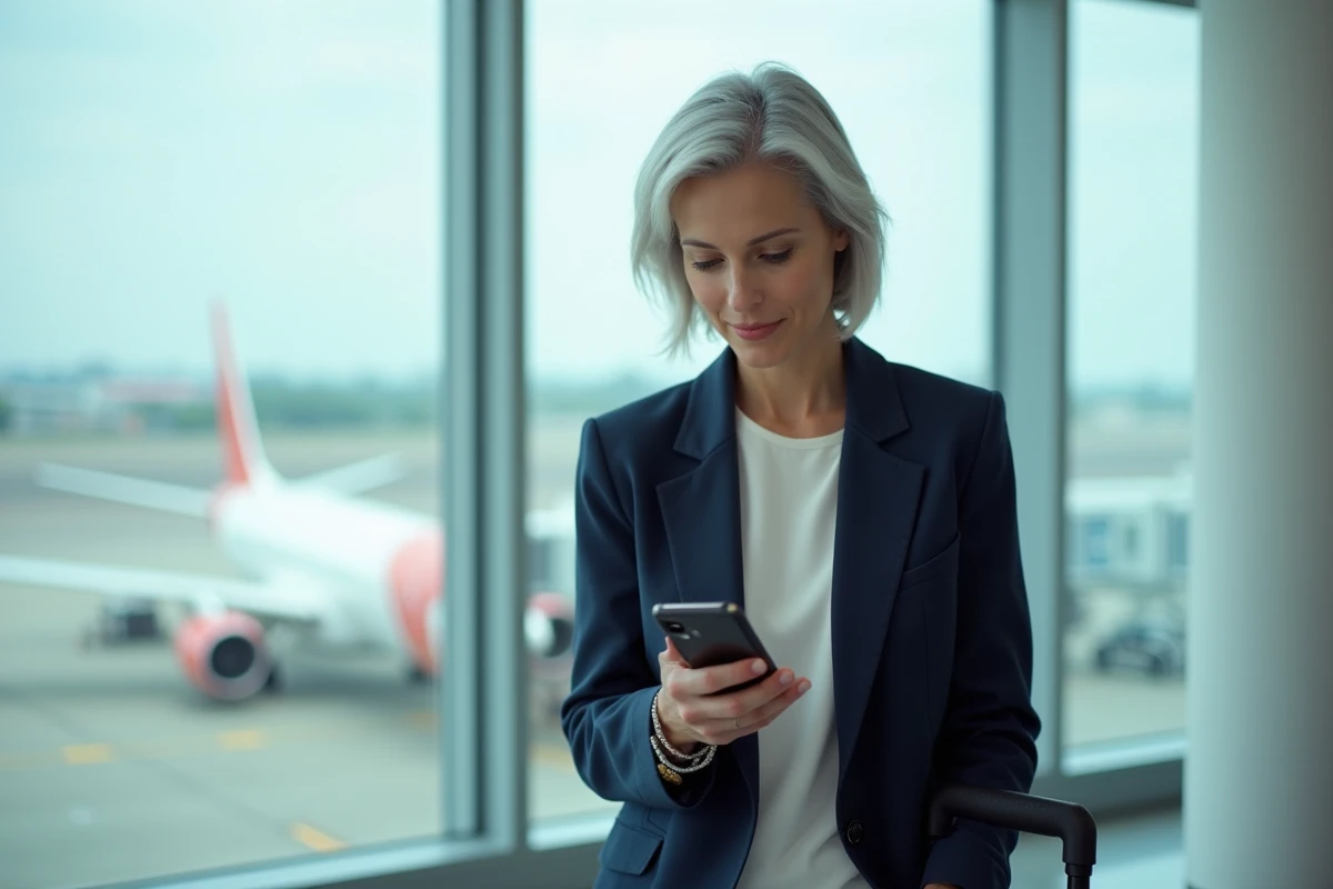 Femme d'affaires en déplacement à l'aéroport, connectée grâce à une eSIM internationale pour le télétravail
