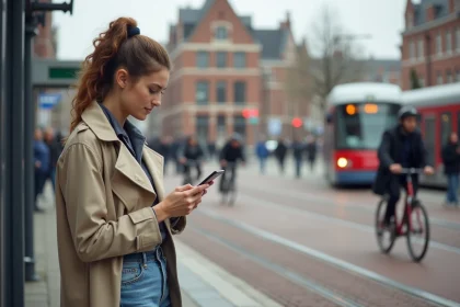 Jeune femme avec smartphone sur plateforme tram à Amsterdam