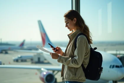 Jeune femme dans un aéroport en attente de vol long courrier