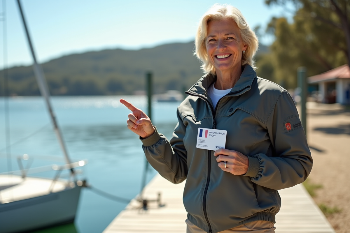 Femme australienne souriante pointant sa licence de bateau
