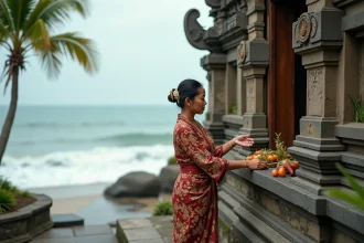 Femme balinaise en kebaya déposant une offrande au temple