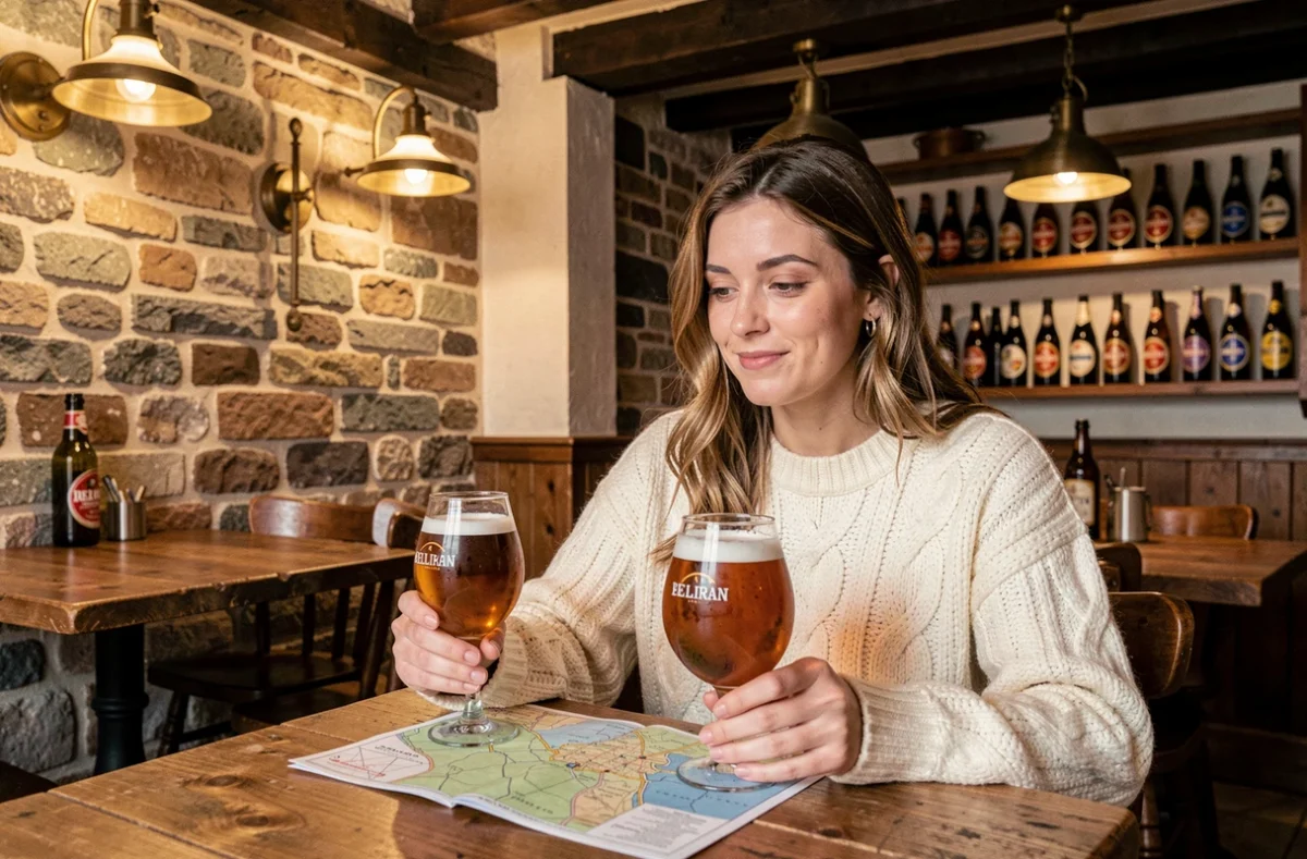 Femme dégustant une bière belge artisanale dans une taverne historique de Gand avec carte touristique sur la table