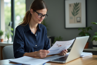 Femme au bureau vérifiant un itinéraire de vol