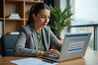 Femme d'âge moyen dans un bureau à domicile en train de consulter un site de réservation de vol