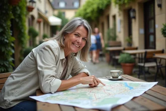 Femme consultant une carte détaillée de la Normandie sur la terrasse d'un café de village français