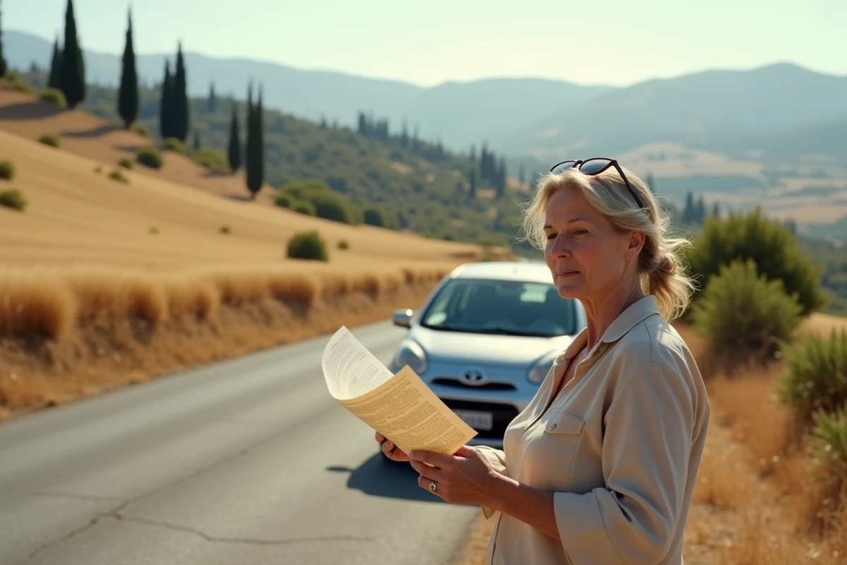 Femme consultant une carte routière au bord d'une route de campagne toscane près de Sienne avec des collines de cyprès en arrière-plan