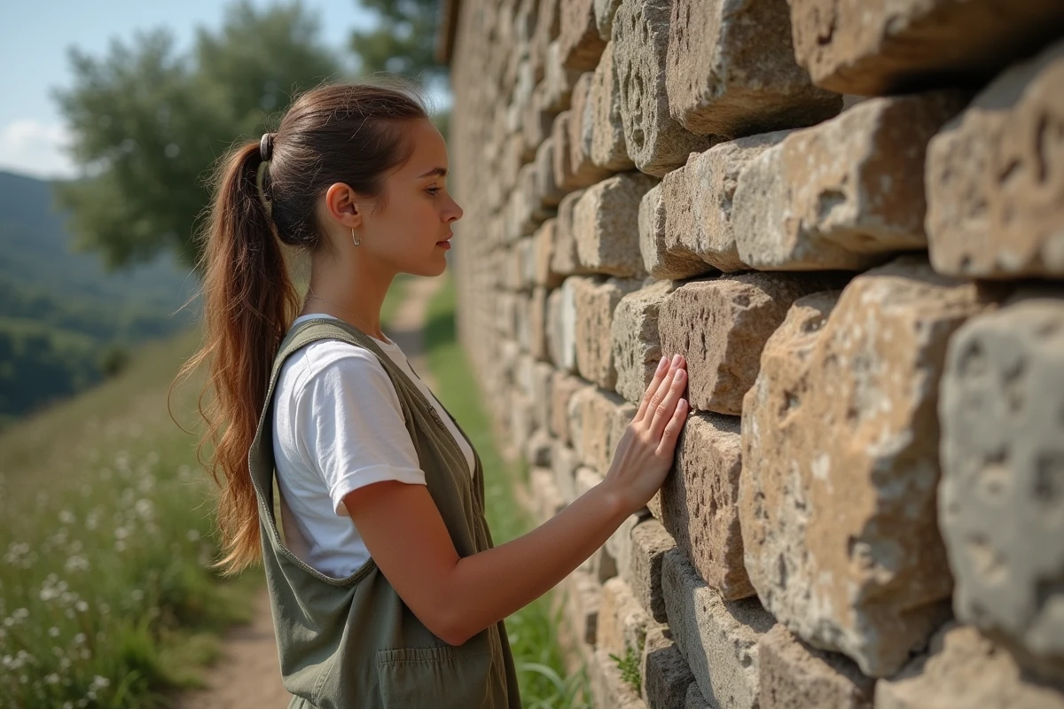 Jeune femme touchant des gravures anciennes sur un mur en pierre
