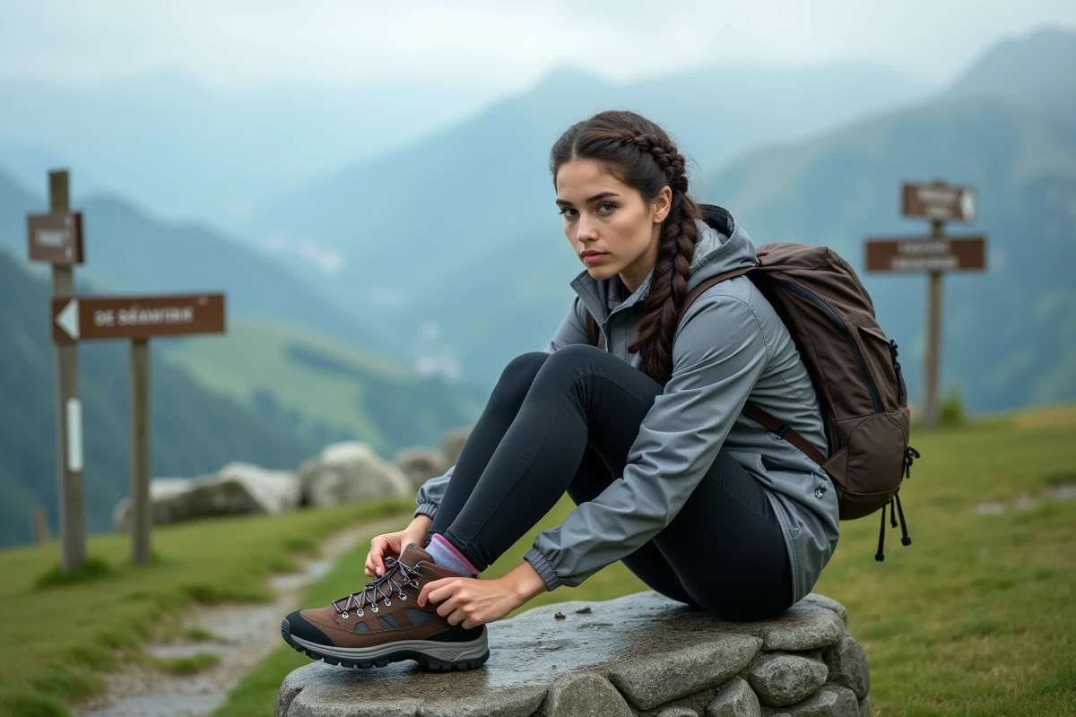 Jeune femme attachant ses chaussures en pleine nature