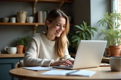 Jeune femme concentrée sur son ordinateur dans une cuisine chaleureuse