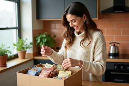 Femme débutante en cuisine découvrant le contenu d'une box cuisine du monde sur un plan de travail en bois