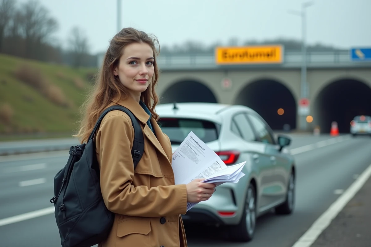 Jeune femme avec documents près de sa voiture au Eurotunnel