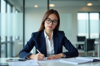Jeune femme en costume remplissant un formulaire de visa