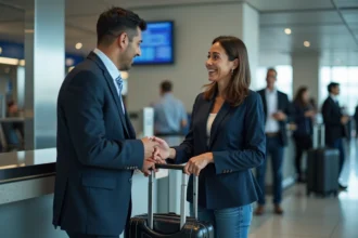 Femme d'âge moyen discutant avec un agent de douane à l'aéroport