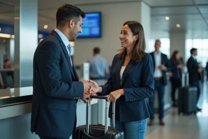 Femme d'âge moyen discutant avec un agent de douane à l'aéroport