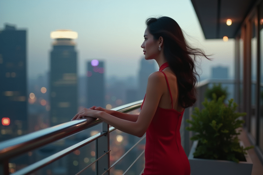 Femme en robe rouge élégante sur un balcon urbain au crépuscule