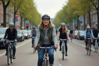 Femme néerlandaise à vélo dans une ville animée sans casque