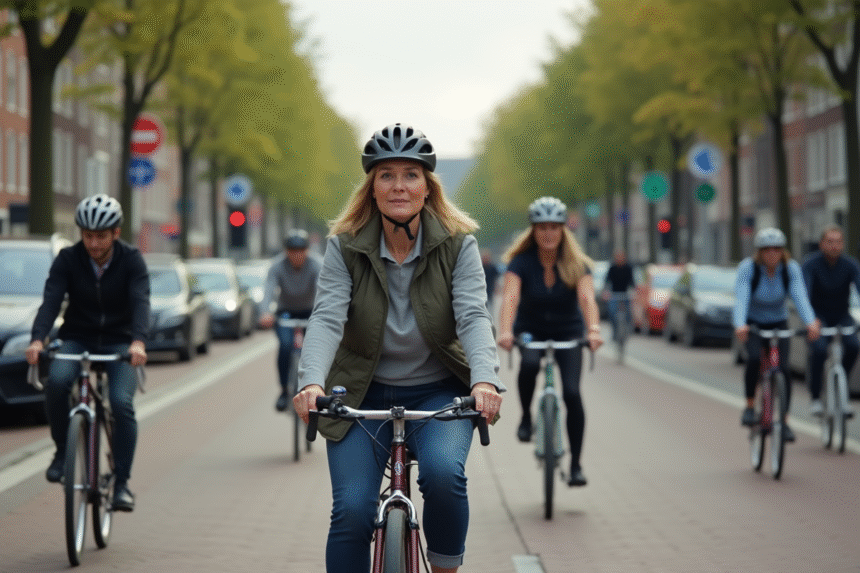Femme néerlandaise à vélo dans une ville animée sans casque