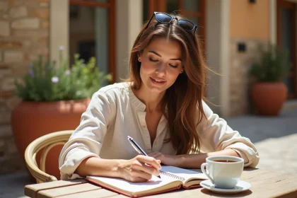 Femme écrivant dans un carnet à la terrasse d'un café en vacances, illustrant l'orthographe des mots de vacances