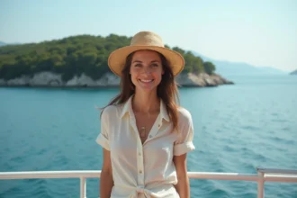 Femme souriante sur un ferry avec vue sur Lokrum