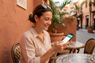 Femme consultant un forfait mobile sur son smartphone dans un café de Marrakech au Maroc