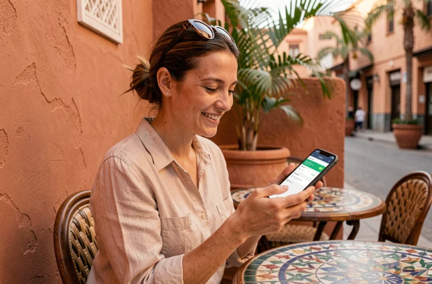 Femme consultant un forfait mobile sur son smartphone dans un café de Marrakech au Maroc