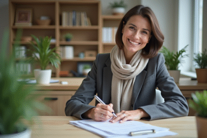 Femme souriante remplissant un formulaire chèques vacances
