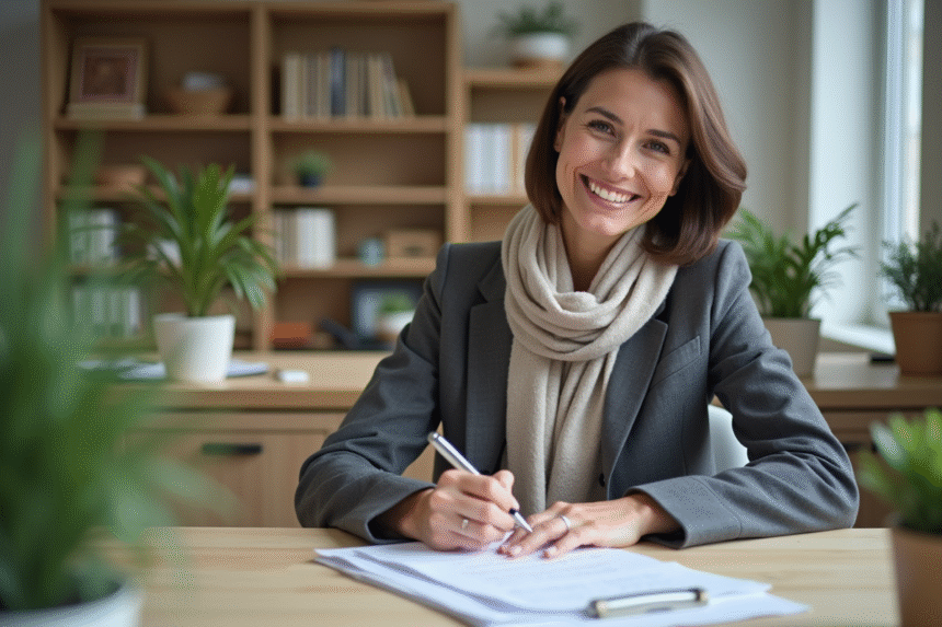 Femme souriante remplissant un formulaire chèques vacances