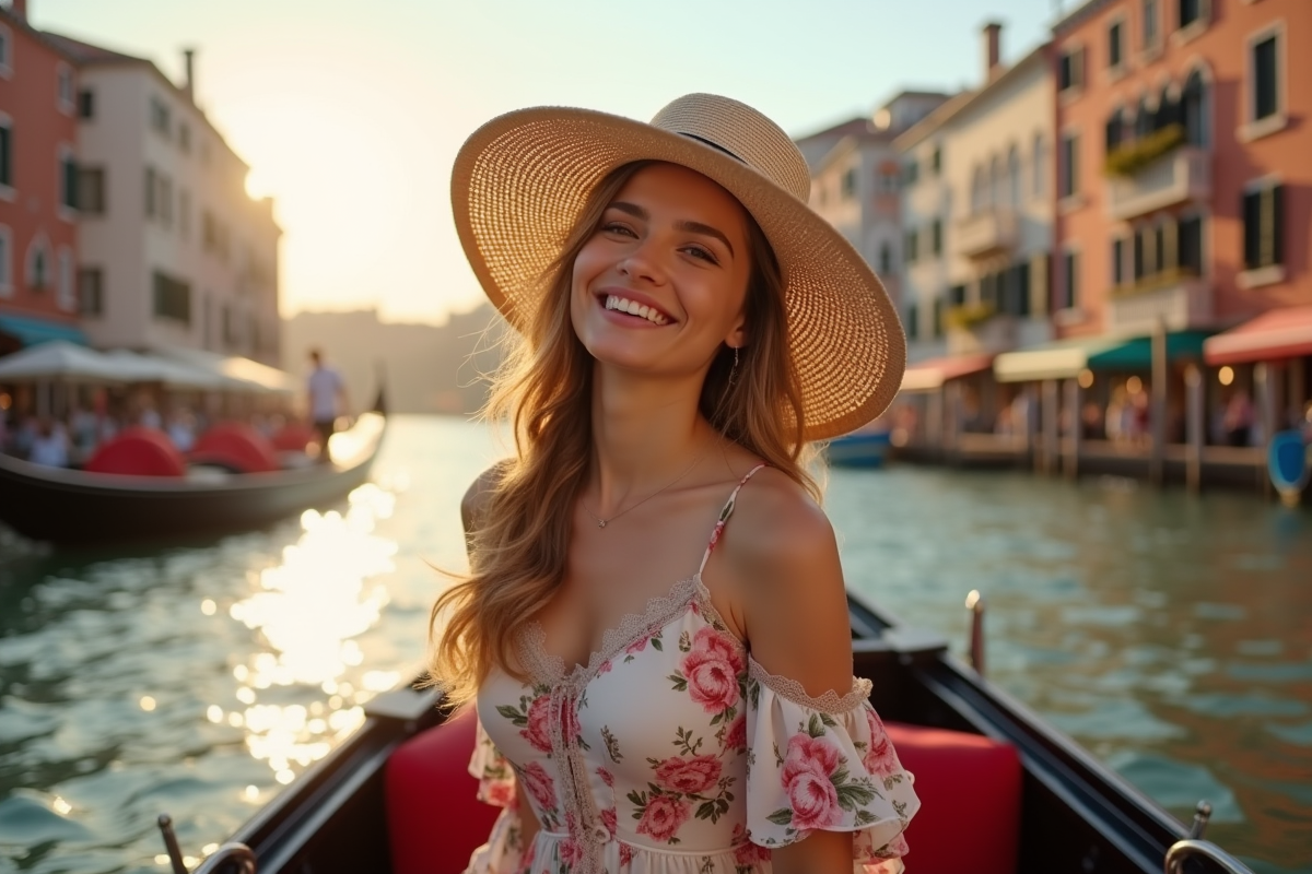 Femme souriante en gondola à Venise avec chapeau et robe florale