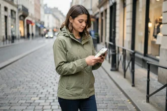 Femme consultant l'itinéraire à pied sur Google Maps tout en marchant en ville, smartphone à la main sur un trottoir en pavés