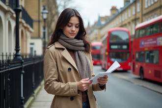 Jeune femme à Londres consulte une carte dans la rue