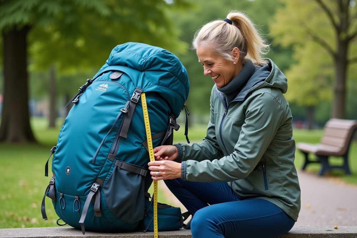 Femme mesure un sac à dos bleu en plein air dans un parc