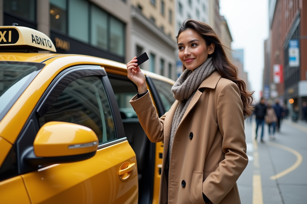 Jeune femme faisant un paiement sans contact devant un taxi
