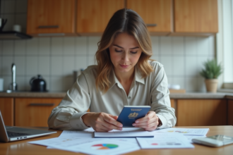 Femme regardant son passeport français à la cuisine