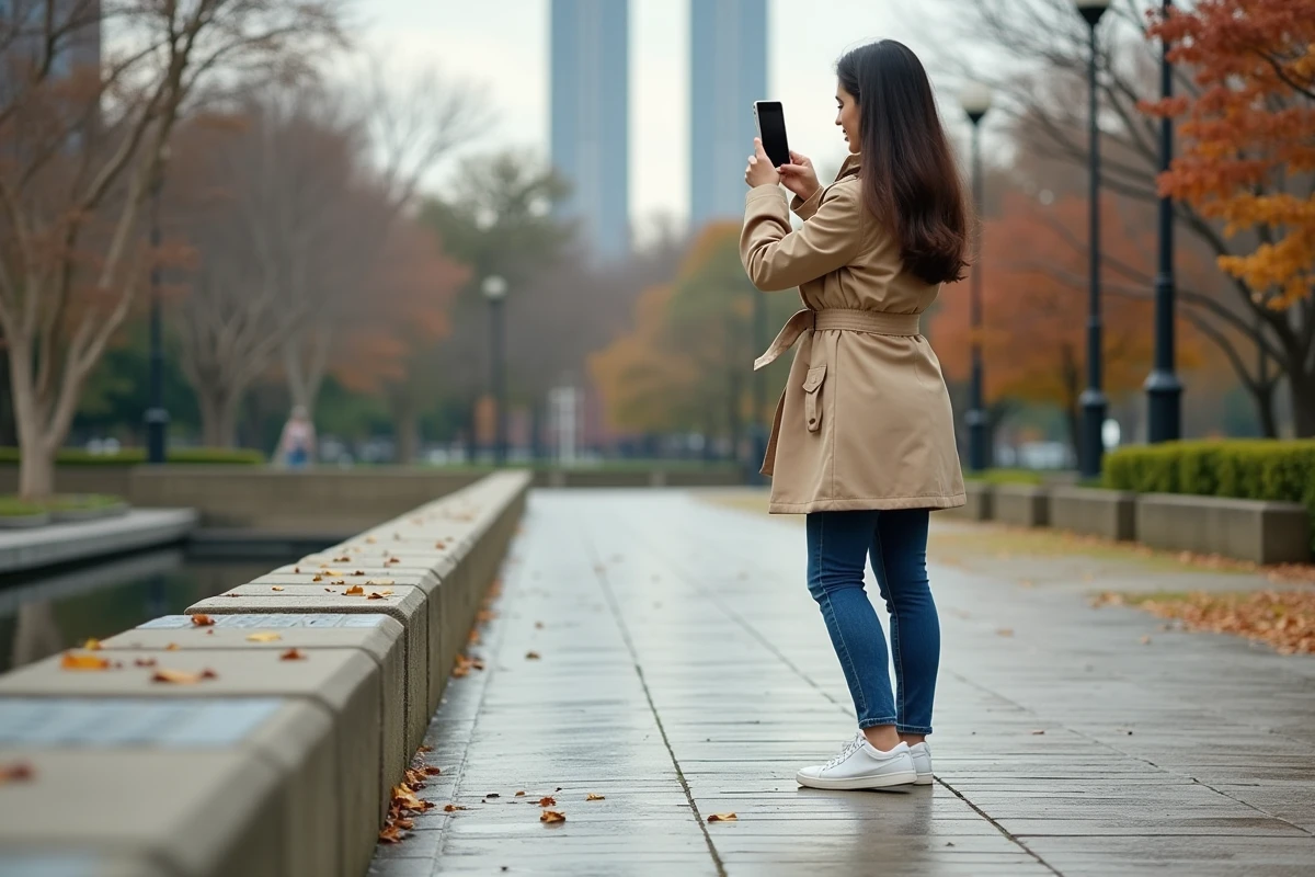 Jeune femme prenant une photo de mosaïque dans un parc à Corona
