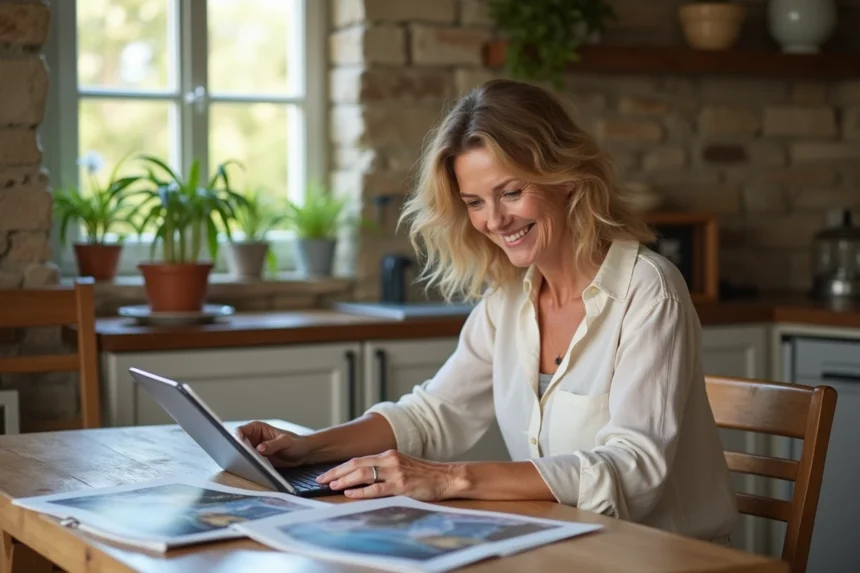 Femme souriante planifiant ses vacances à Guerande