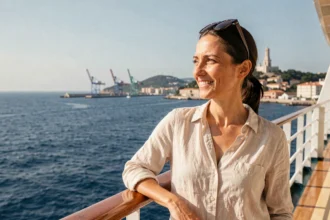 Femme sur le pont d'un bateau Costa Croisières au départ de Marseille avec vue sur la côte