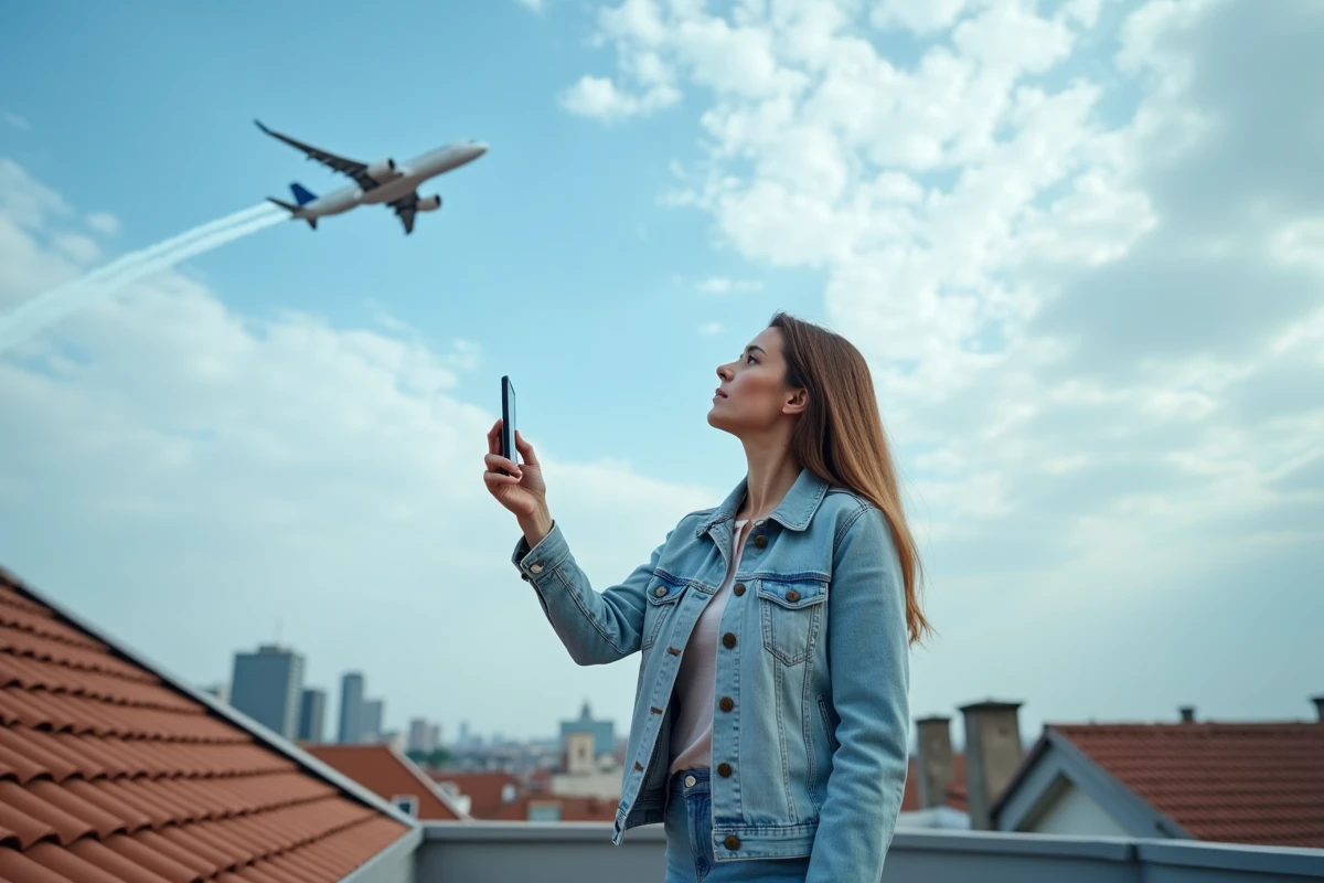Femme sur un toit urbain regardant un avion passer en direct tout en consultant une application de radar aérien sur son smartphone
