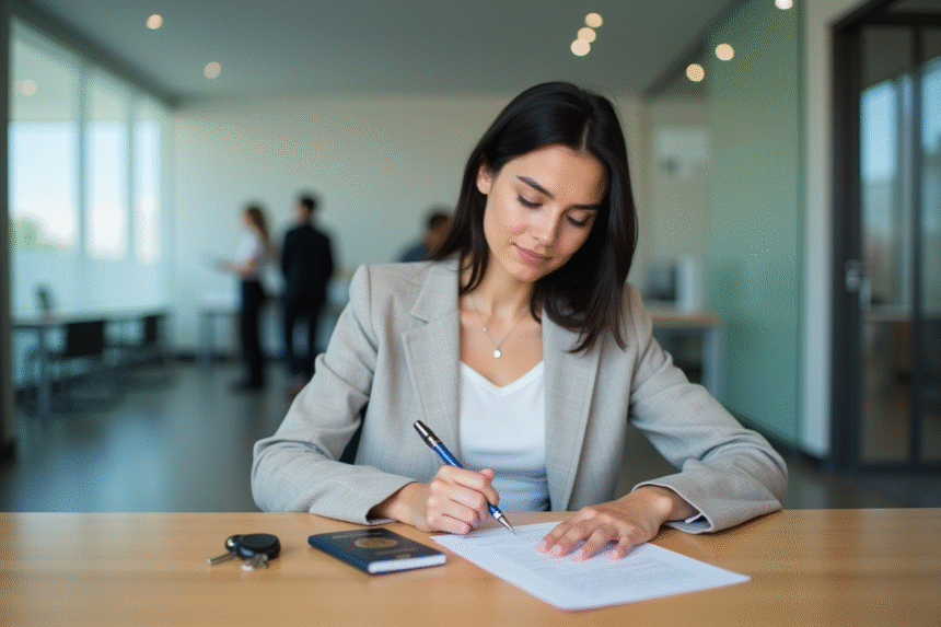 Femme remplissant un formulaire de permis international dans un bureau officiel