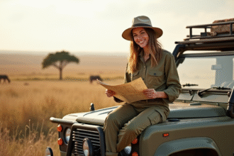 Jeune femme en safari souriante dans la savane africaine