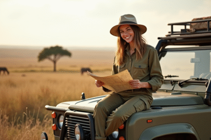 Jeune femme en safari souriante dans la savane africaine