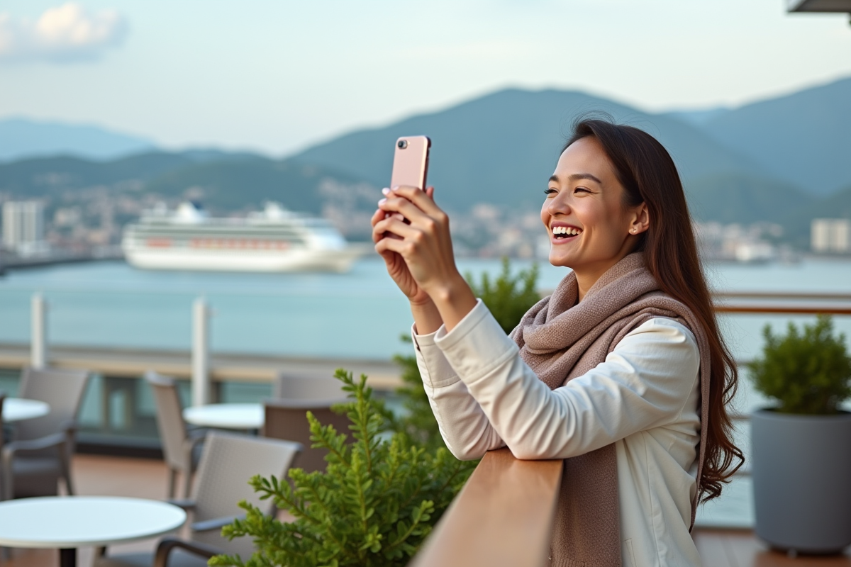 Jeune femme prenant un selfie dans le port