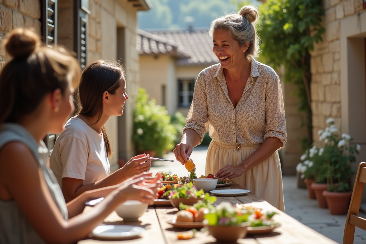 Femme française souriante servant un repas aux voyageurs dehors
