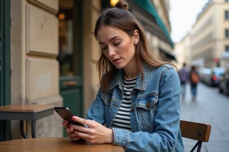 Femme dans un café parisien examine son eSIM