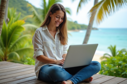 Jeune femme travaillant sur son ordinateur face à la mer