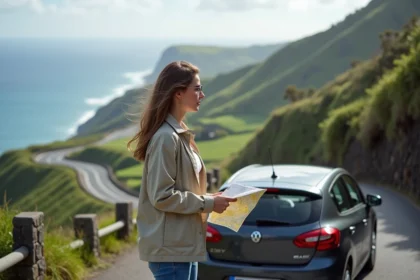 Jeune femme regardant la côte à Madère avec voiture et carte